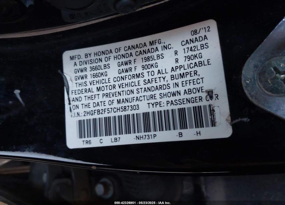 2012 HONDA CIVIC VIN: 2HGFB2F57CH587303