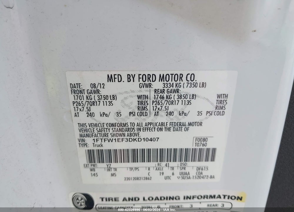 2013 FORD F-150 VIN: 1FTFW1EF3DKD10407