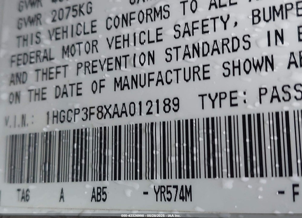 2010 HONDA ACCORD VIN: 1HGCP3F8XAA012189