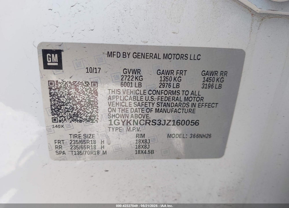 2018 CADILLAC XT5 VIN: 1GYKNCRS3JZ160056