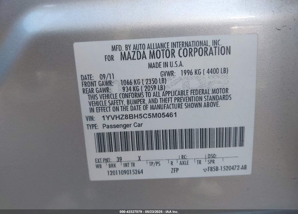 2012 MAZDA 6 I SPORT VIN: 1YVHZ8BH5C5M05461