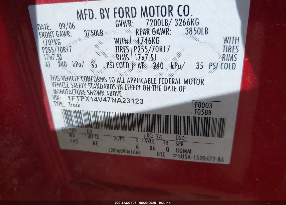 2007 FORD F-150 VIN: 1FTPX14V47NA23123
