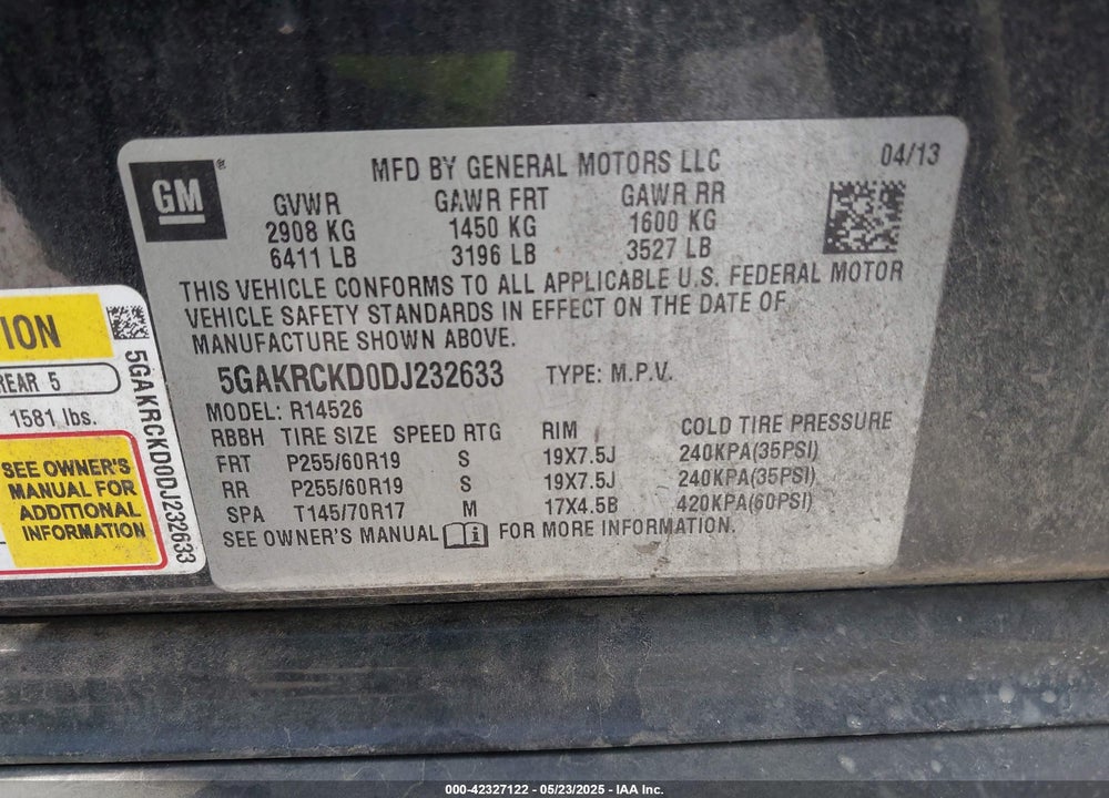 2013 BUICK ENCLAVE VIN: 5GAKRCKD0DJ232633