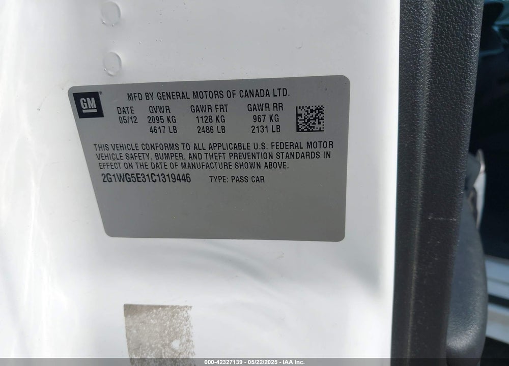2012 CHEVROLET IMPALA VIN: 2G1WG5E31C1319446