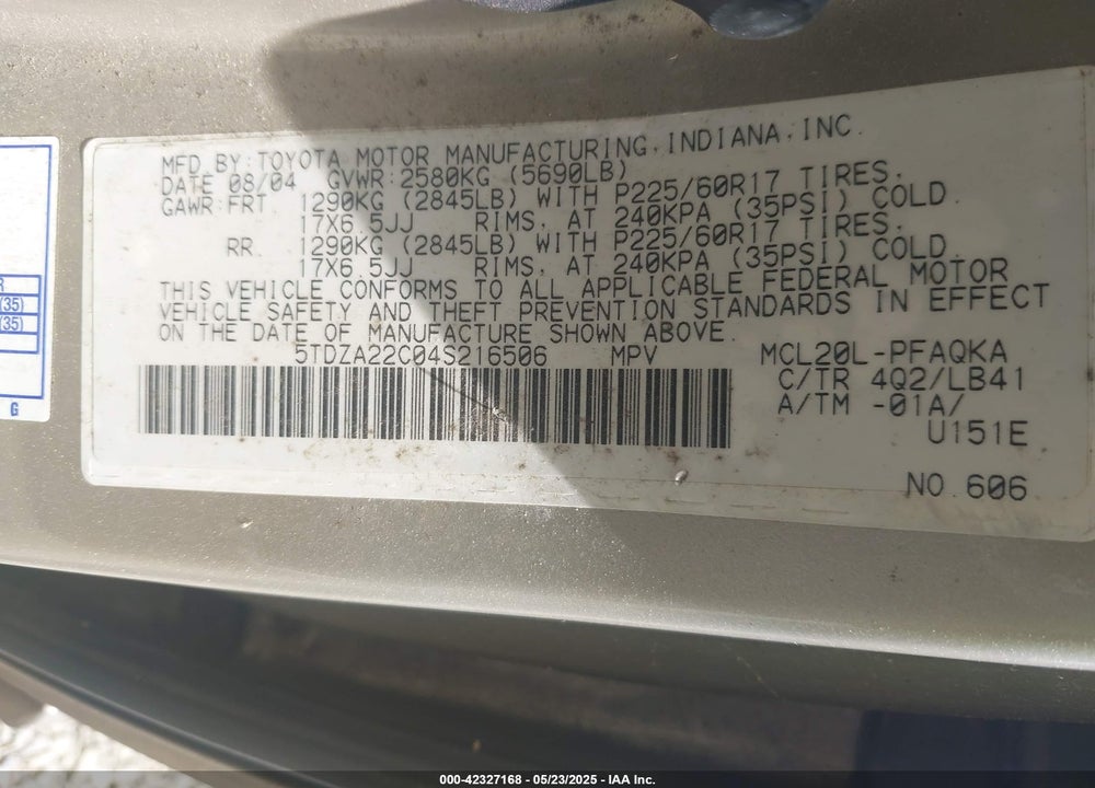 2004 TOYOTA SIENNA XLE/XLE LIMITED VIN: 5TDZA22C04S216506