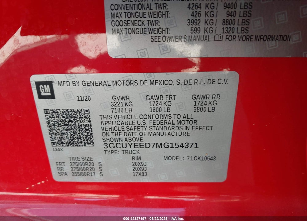 2021 CHEVROLET SILVERADO 1500 VIN: 3GCUYEED7MG154371