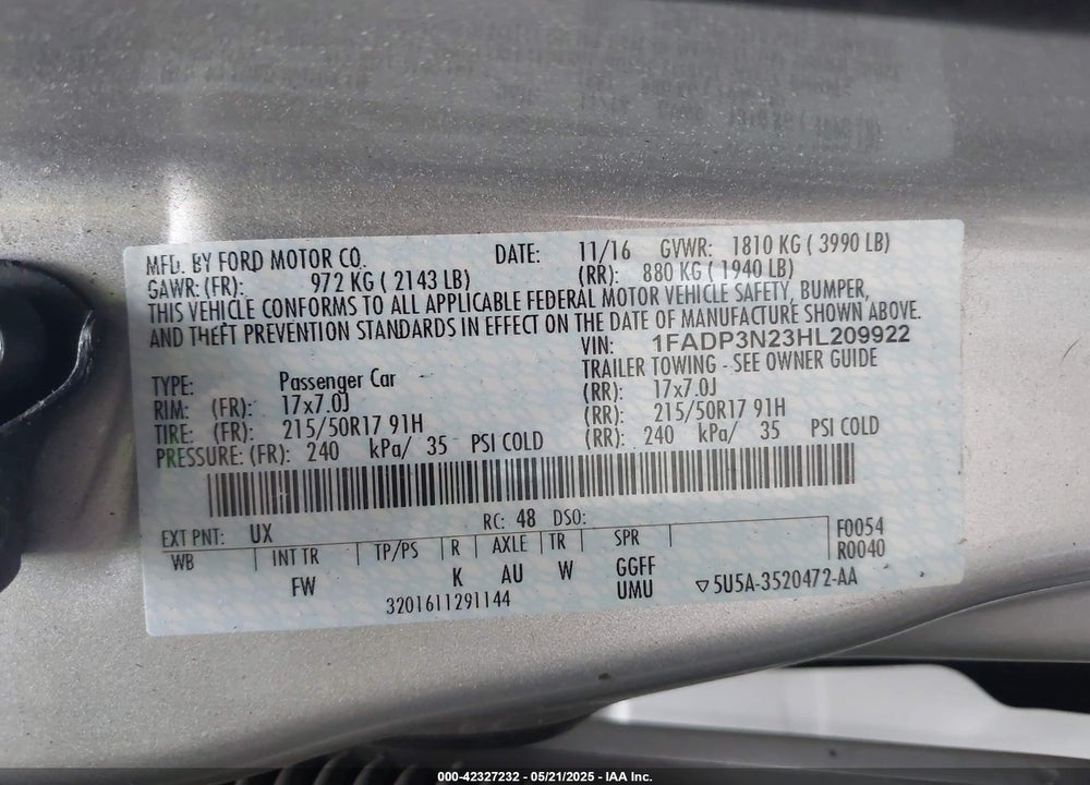 2017 FORD FOCUS VIN: 1FADP3N23HL209922