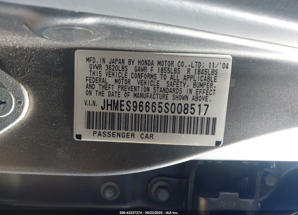2005 HONDA CIVIC HYBRID VIN: JHMES96665S008517
