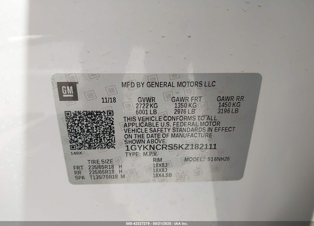 2019 CADILLAC XT5 VIN: 1GYKNCRS5KZ182111