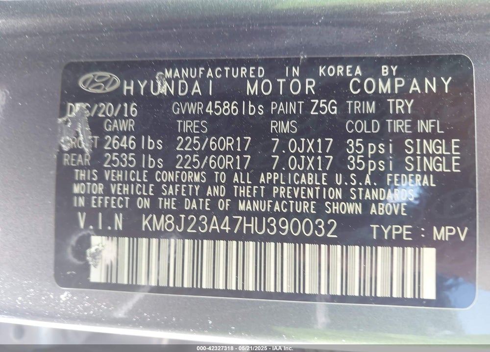 2017 HYUNDAI TUCSON VIN: KM8J23A47HU390032