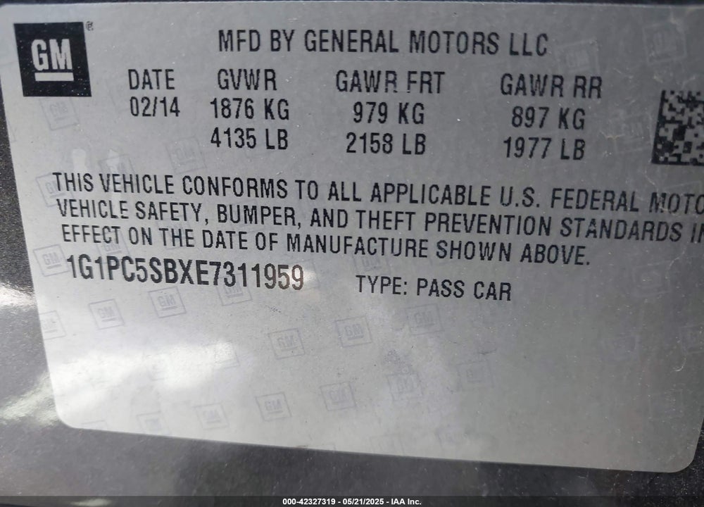 2014 CHEVROLET CRUZE 1LT AUTO VIN: 1G1PC5SBXE7311959