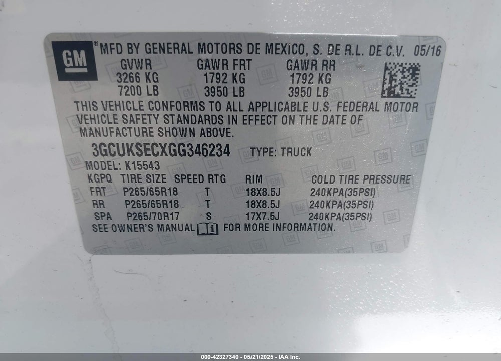 2016 CHEVROLET SILVERADO 1500 VIN: 3GCUKSECXGG346234