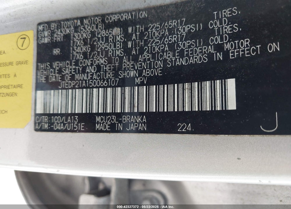 2005 TOYOTA HIGHLANDER LIMITED V6/V6 VIN: JTEDP21A150066107