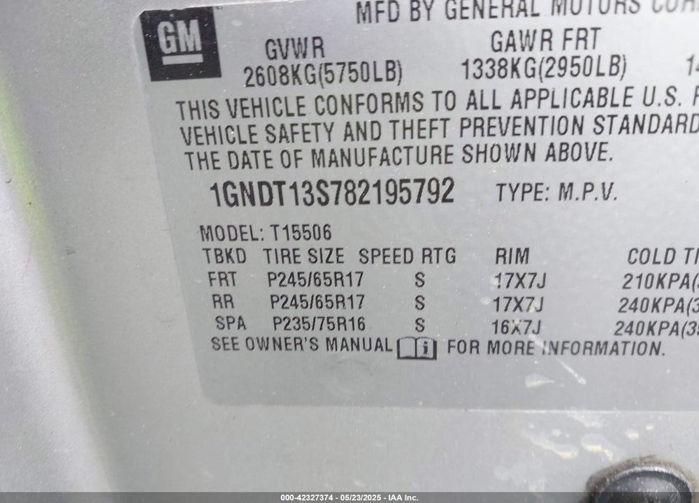 2008 CHEVROLET TRAILBLAZER LT VIN: 1GNDT13S782195792
