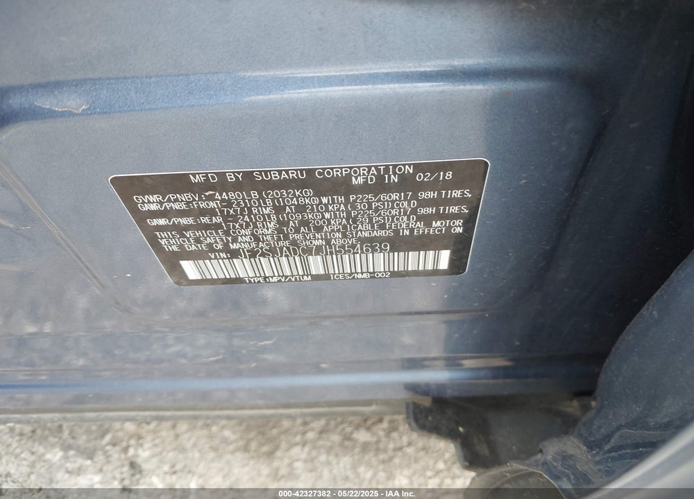 2018 SUBARU FORESTER 2.5I PREMIUM VIN: JF2SJADC7JH554639