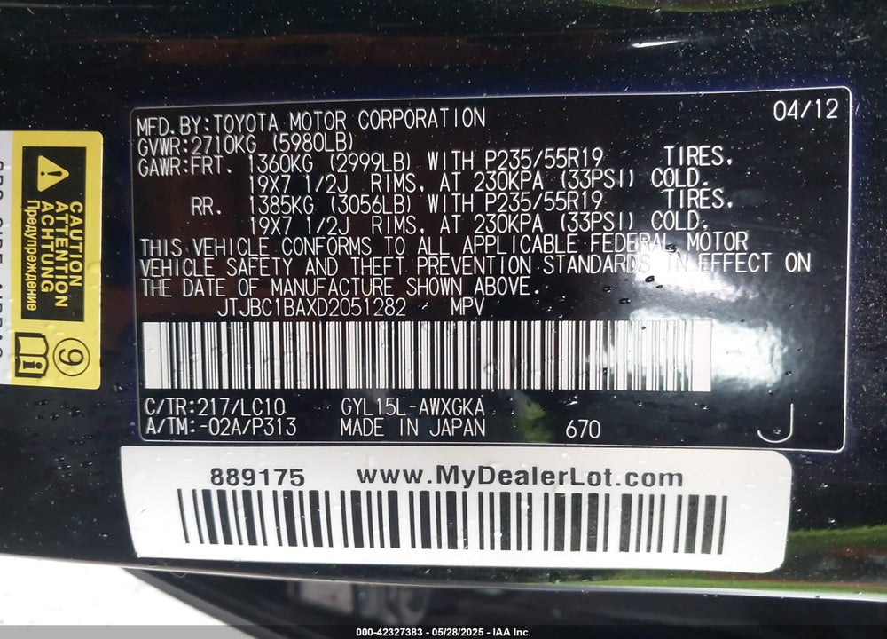 2013 LEXUS RX 450H VIN: JTJBC1BAXD2051282