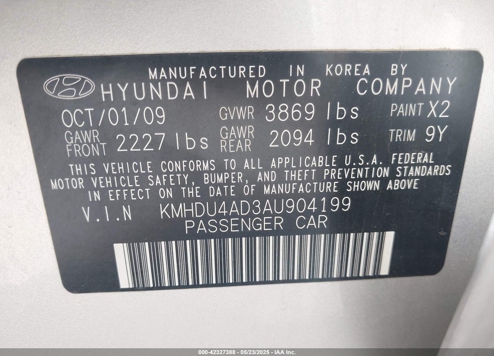 2010 HYUNDAI ELANTRA VIN: KMHDU4AD3AU904199