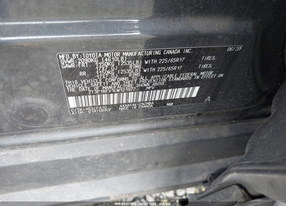 2020 TOYOTA RAV4 VIN: 2T3P1RFV1LW121977