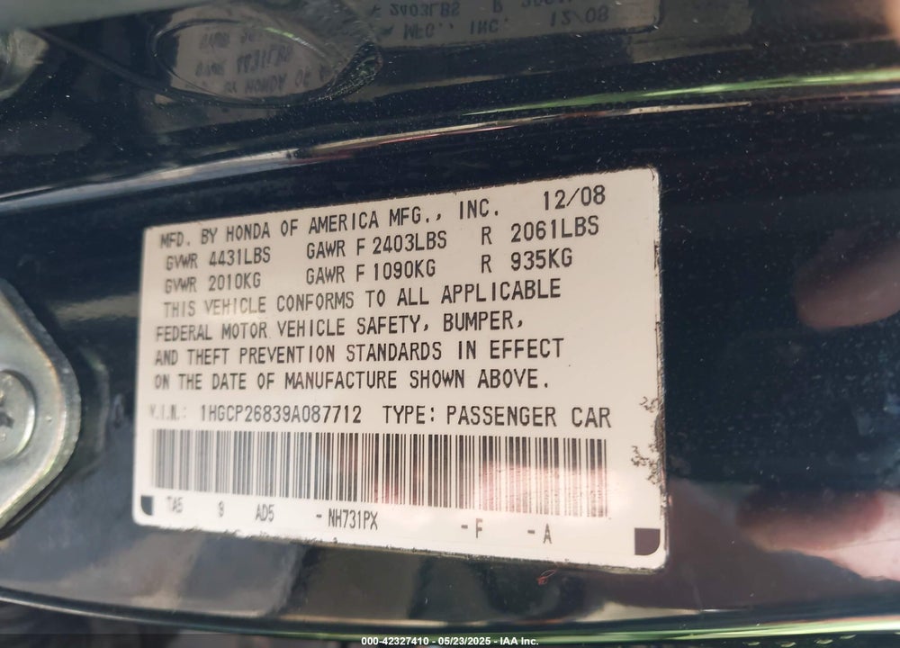 2009 HONDA ACCORD 2.4 EX-L VIN: 1HGCP26839A087712