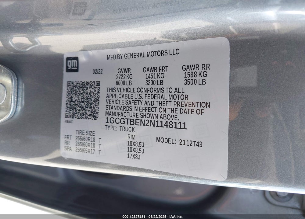 2022 CHEVROLET COLORADO VIN: 1GCGTBEN2N1148111