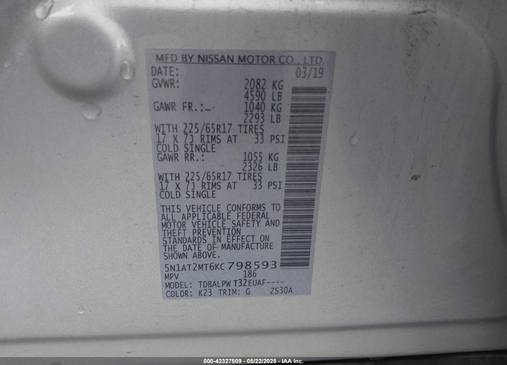 2019 NISSAN ROGUE VIN: 5N1AT2MT6KC798593