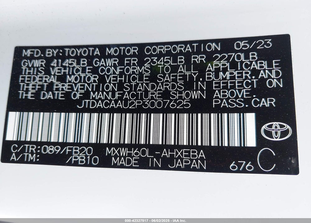 2023 TOYOTA PRIUS LE/LIMITED/XLE VIN: JTDACAAU2P3007625