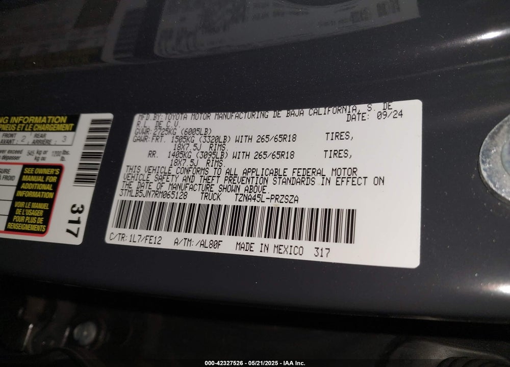 2024 TOYOTA TACOMA VIN: 3TMLB5JN7RM065128