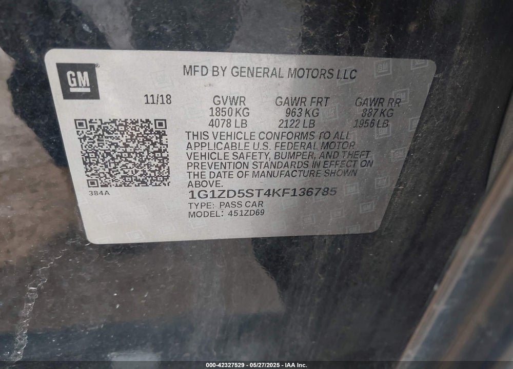 2019 CHEVROLET MALIBU VIN: 1G1ZD5ST4KF136785