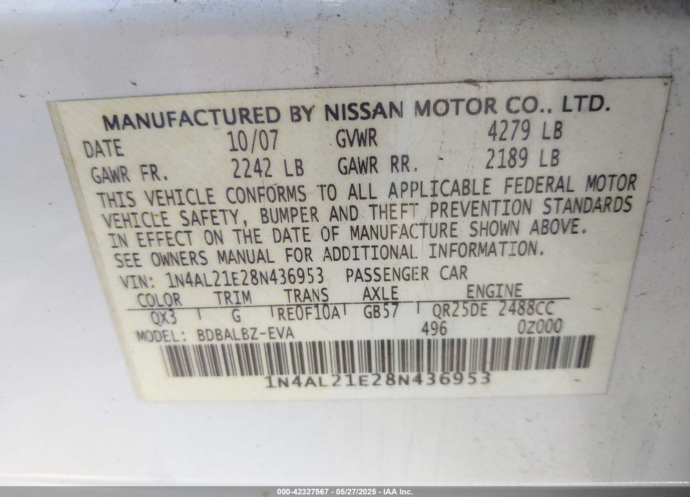 2008 NISSAN ALTIMA VIN: 1N4AL21E28N436953