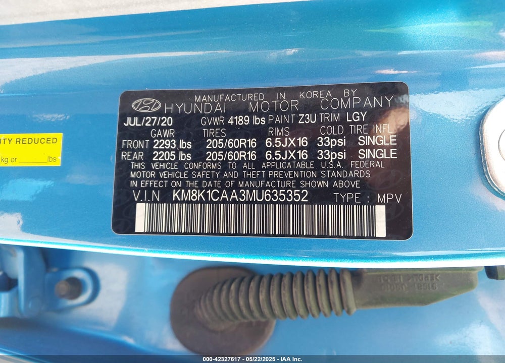 2021 HYUNDAI KONA VIN: KM8K1CAA3MU635352