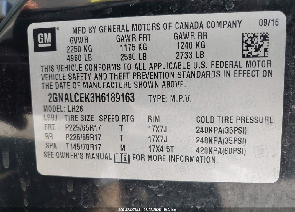 2017 CHEVROLET EQUINOX LT VIN: 2GNALCEK3H6189163