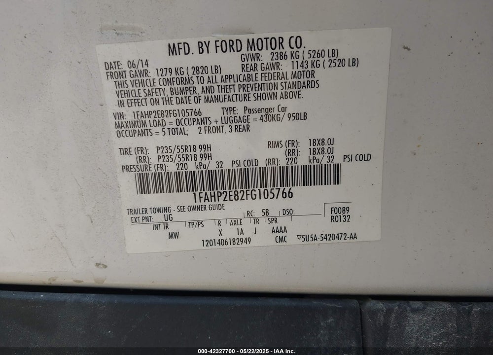 2015 FORD TAURUS VIN: 1FAHP2E82FG105766