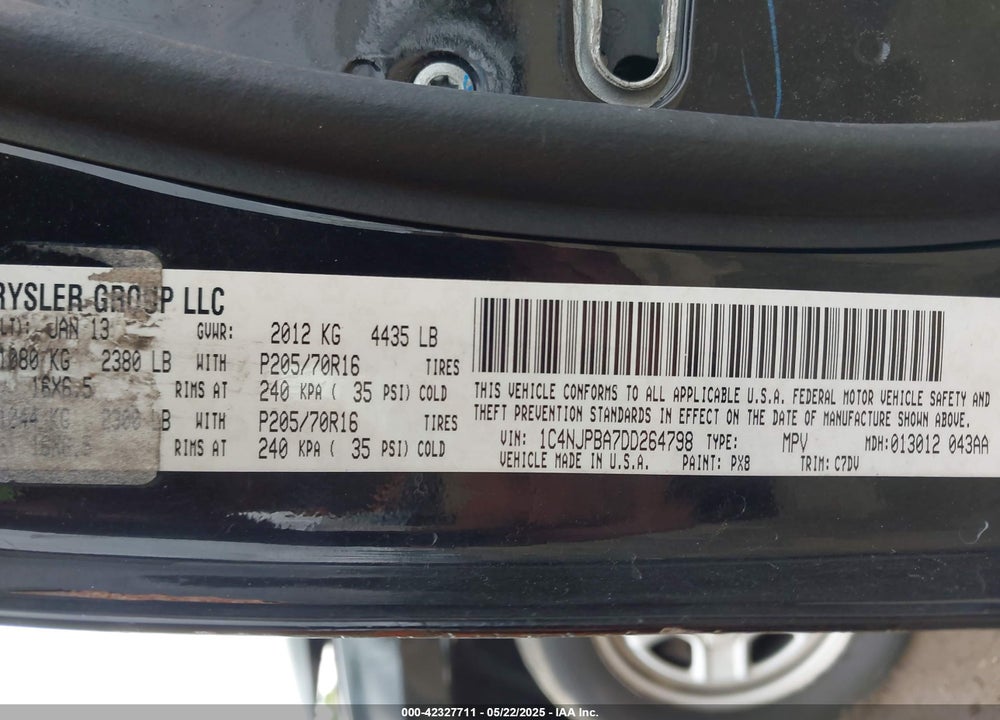 2013 JEEP PATRIOT VIN: 1C4NJPBA7DD264798