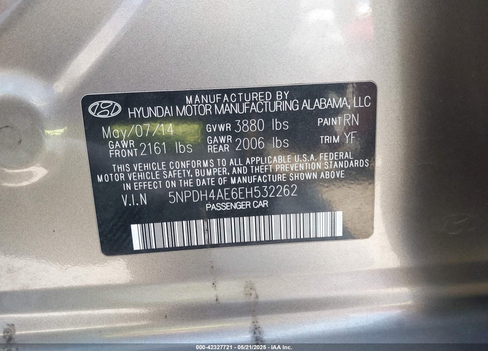 2014 HYUNDAI ELANTRA SE VIN: 5NPDH4AE6EH532262