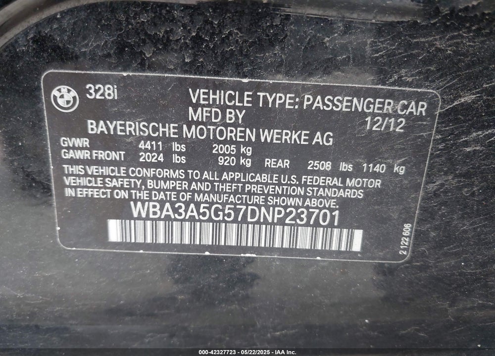 2013 BMW 328 VIN: WBA3A5G57DNP23701