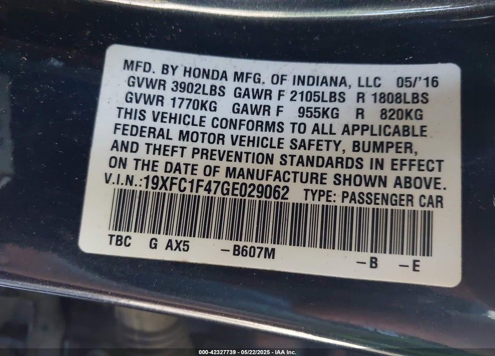 2016 HONDA CIVIC VIN: 19XFC1F47GE029062