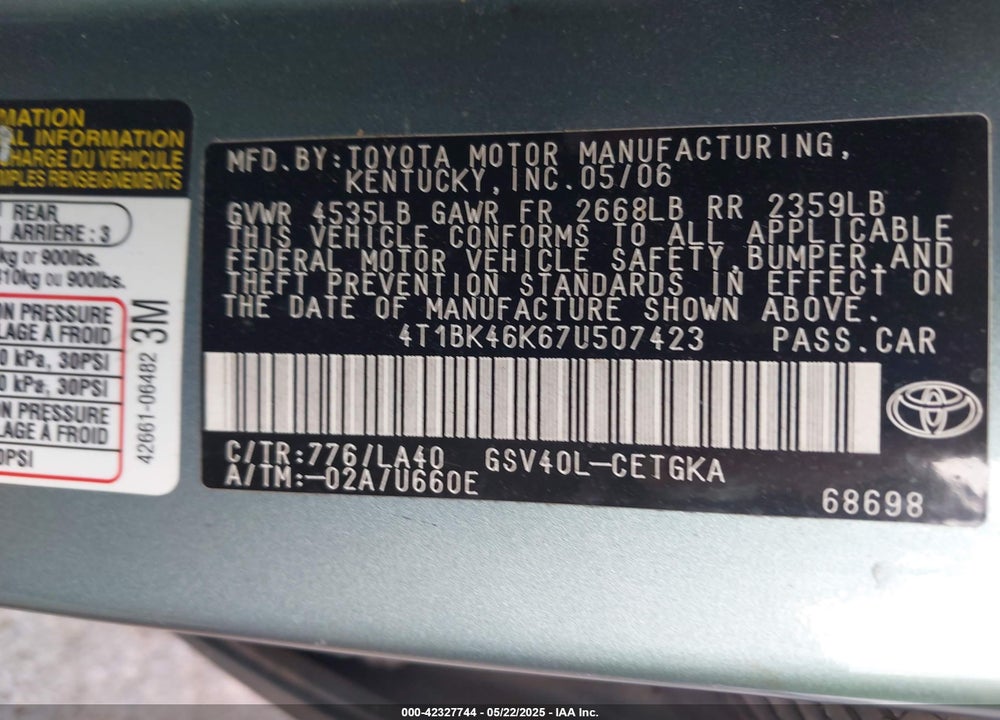 2007 TOYOTA CAMRY VIN: 4T1BK46K67U507423