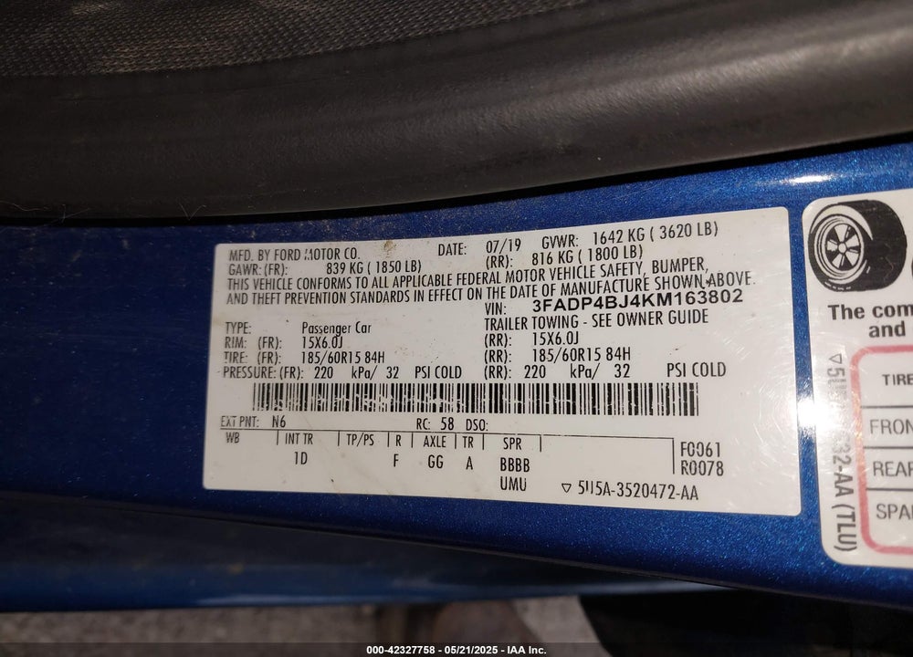 2019 FORD FIESTA VIN: 3FADP4BJ4KM163802
