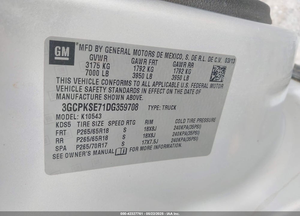 2013 CHEVROLET SILVERADO 1500 VIN: 3GCPKSE71DG359708