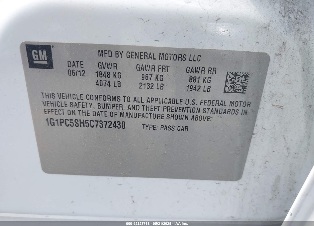 2012 CHEVROLET CRUZE LS VIN: 1G1PC5SH5C7372430