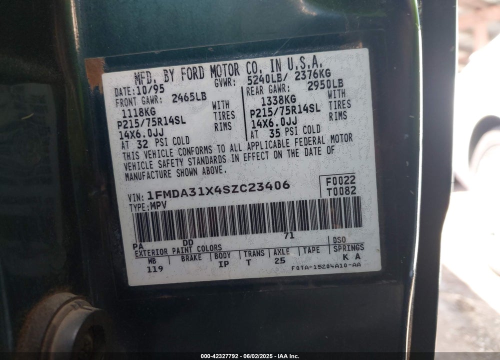 1995 FORD AEROSTAR VIN: 1FMDA31X4SZC23406