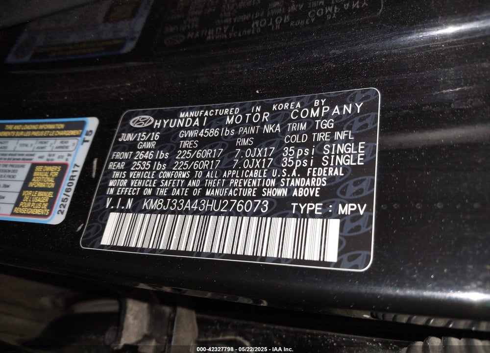 2017 HYUNDAI TUCSON VIN: KM8J33A43HU276073