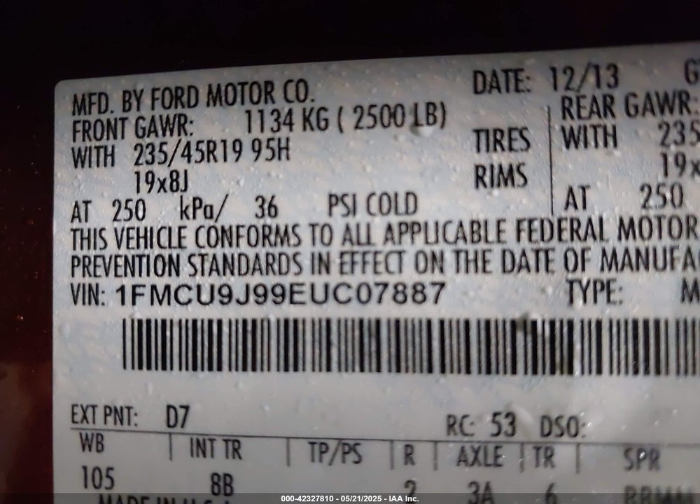 2014 FORD ESCAPE VIN: 1FMCU9J99EUC07887