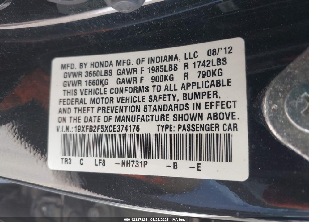 2012 HONDA CIVIC LX VIN: 19XFB2F5XCE374176