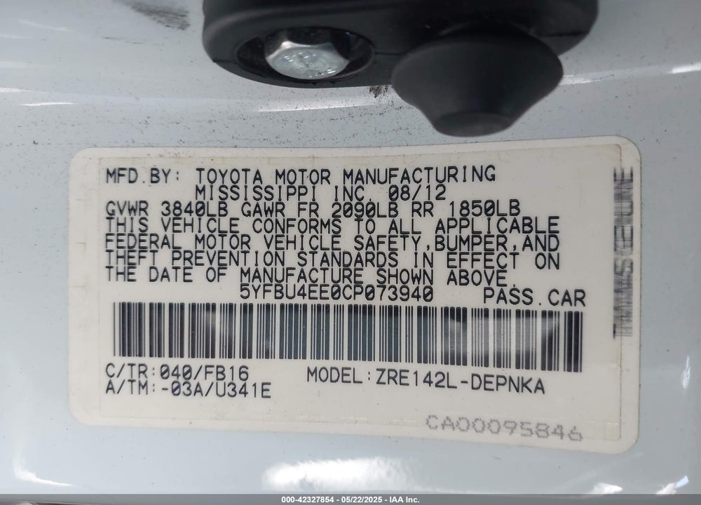 2012 TOYOTA COROLLA VIN: 5YFBU4EE0CP073940
