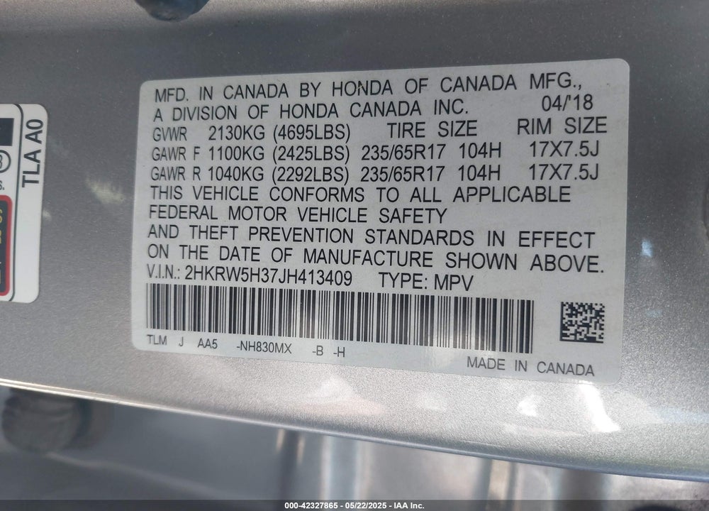 2018 HONDA CR-V LX VIN: 2HKRW5H37JH413409