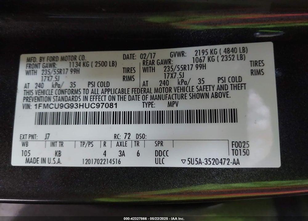 2017 FORD ESCAPE SE VIN: 1FMCU9G93HUC97081