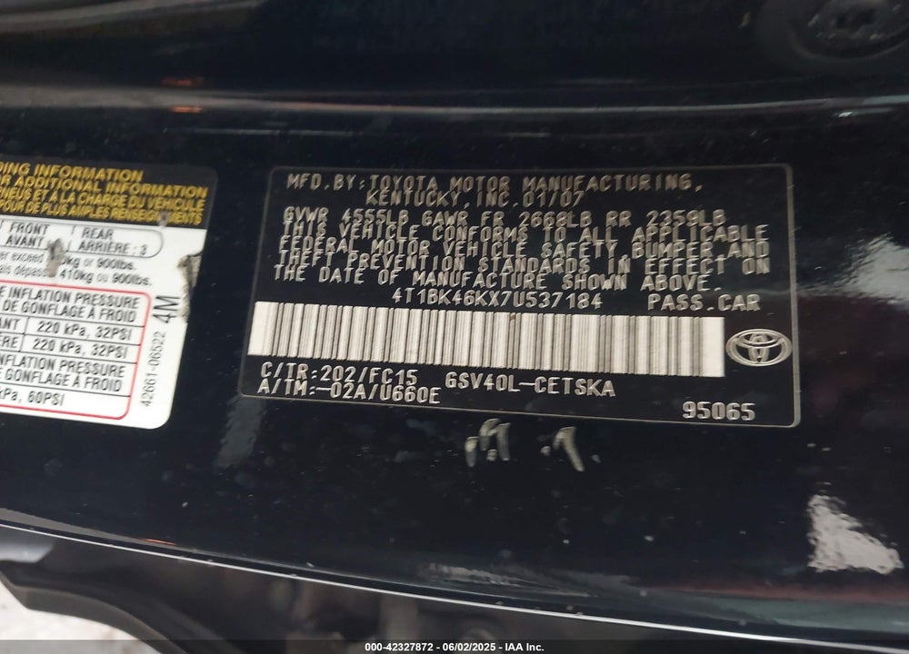 2007 TOYOTA CAMRY LE V6/SE V6/XLE V6 VIN: 4T1BK46KX7U537184