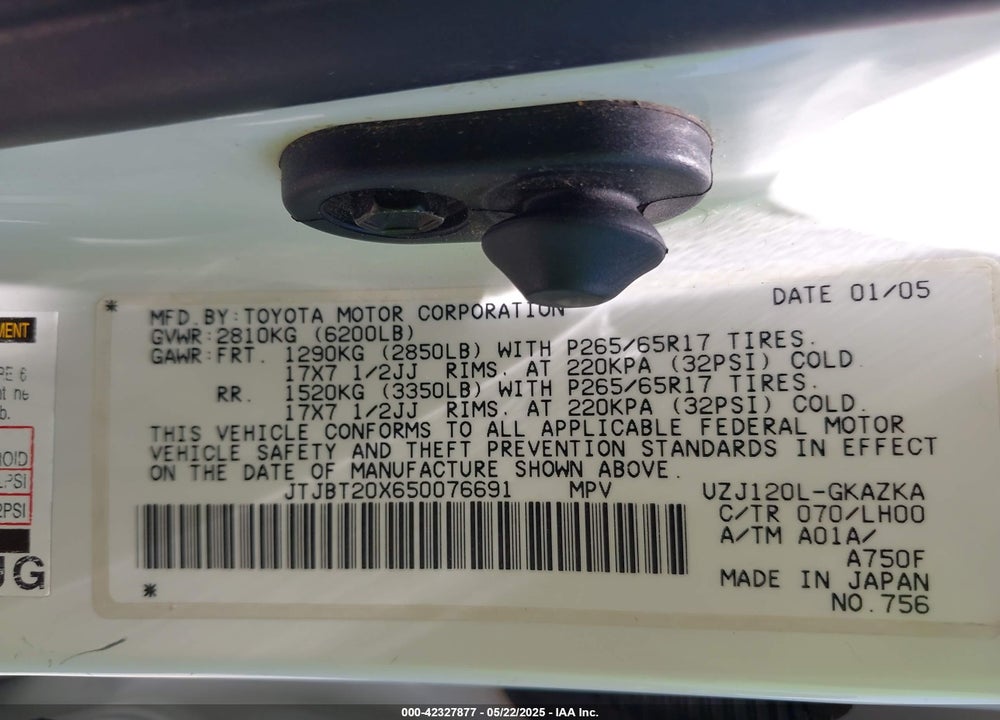 2005 LEXUS GX 470 VIN: JTJBT20X650076691