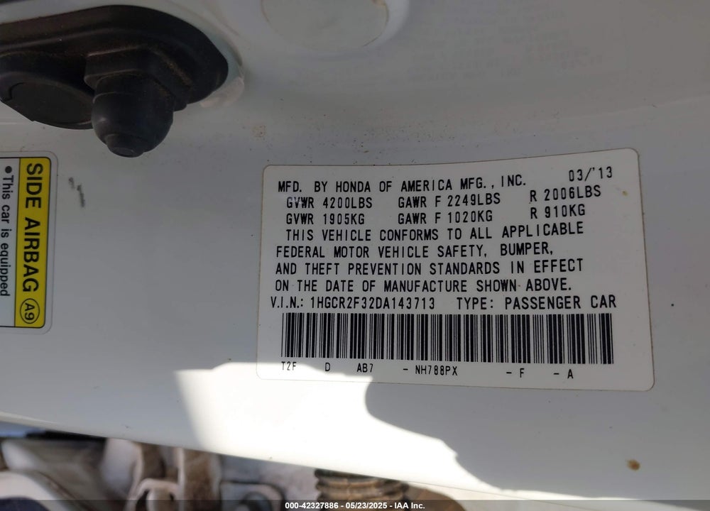 2013 HONDA ACCORD LX VIN: 1HGCR2F32DA143713